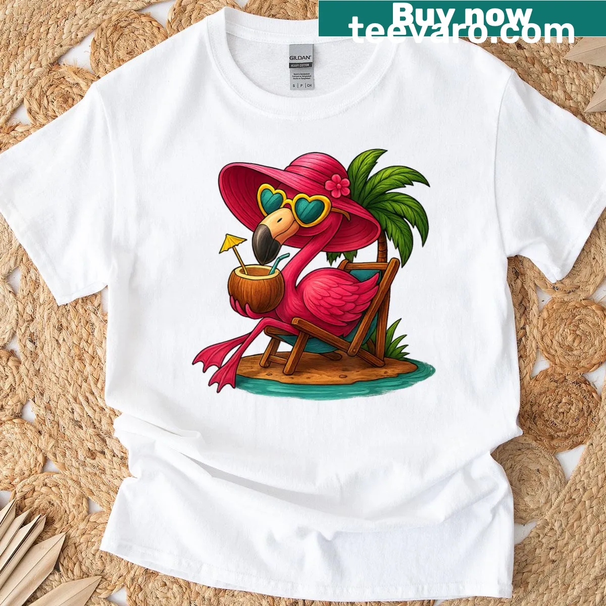 Illustration of flamingos and palm trees for summer vibe T-shirt. — on a men's t-shirt