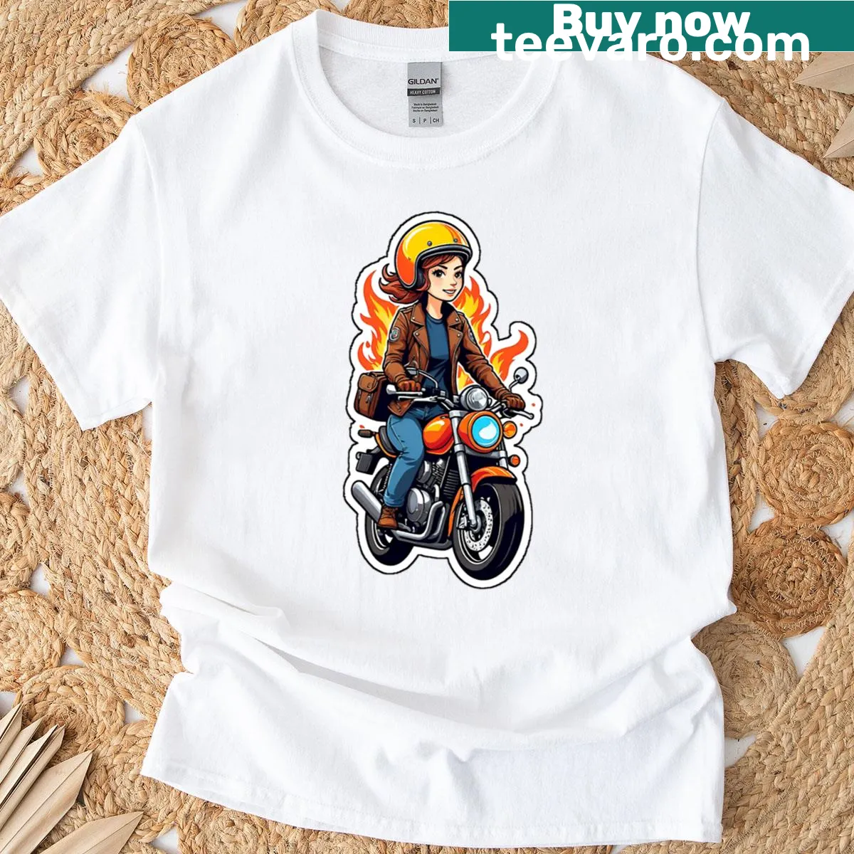 Dynamic design of a fire girl on a motorcycle for sport — on a men's t-shirt