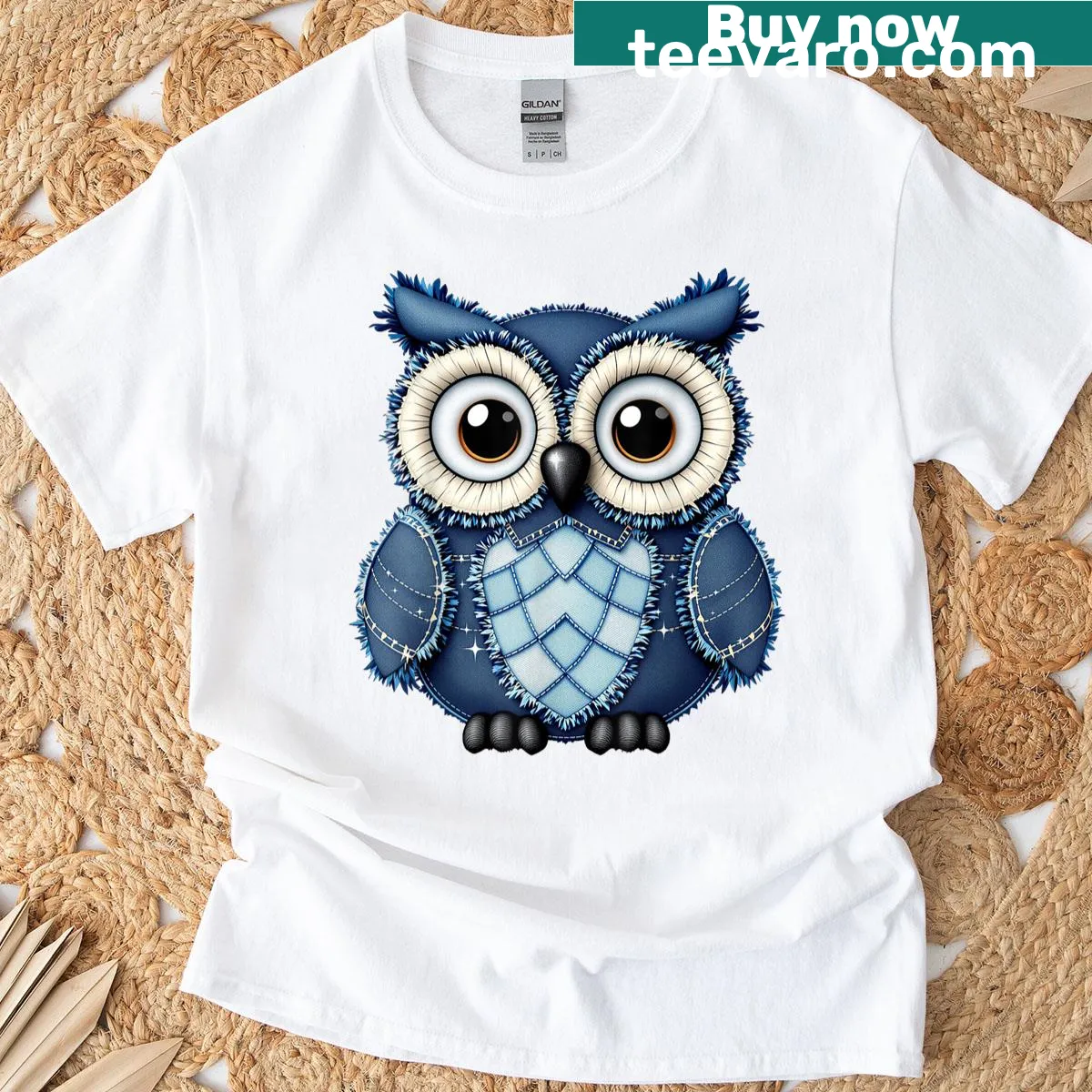 Cute owl pattern t-shirt with patchwork art design — on a men's t-shirt