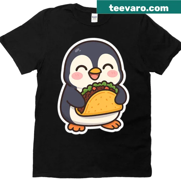 Oversized T-shirt with cartoon penguin enjoying a taco