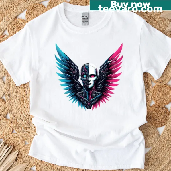 Futuristic cyber angel wings design on a t-shirt