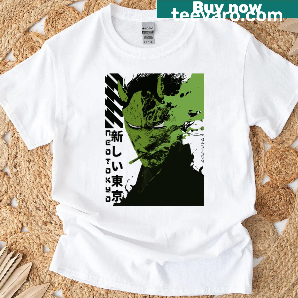 Cyberpunk samurai graphic t-shirt with futuristic design elements — on a men's t-shirt