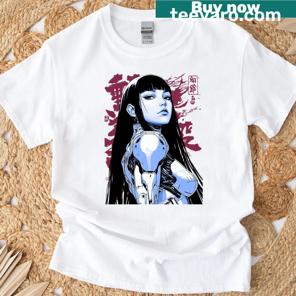 Oversized tee with an illustration of a cyborg geisha in cyberpunk style — on a men's t-shirt