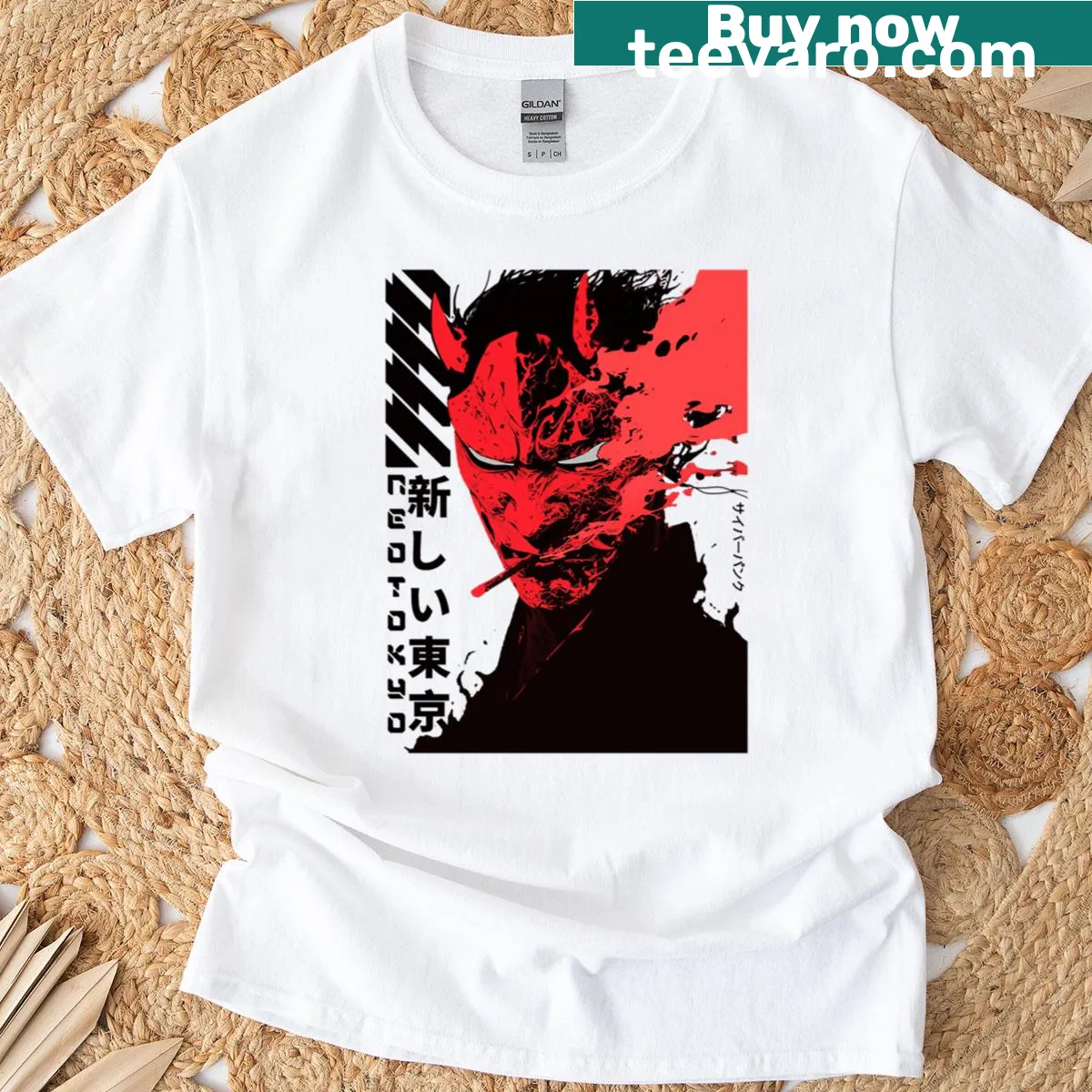 Cyberpunk samurai warrior t-shirt with vaporwave design — on a men's t-shirt