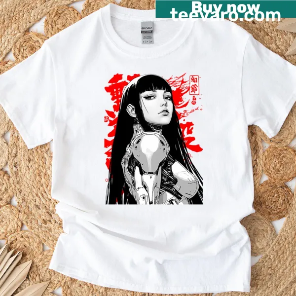 Cyborg samurai girl illustrated on a stylish t-shirt
