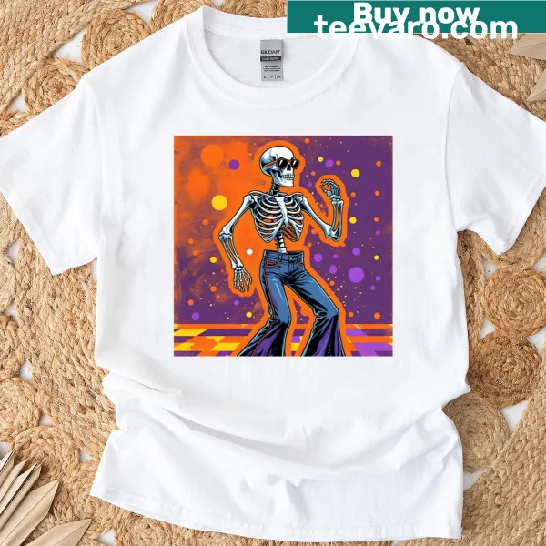 Oversized t-shirt with a dancing skeleton cartoon on a dance floor