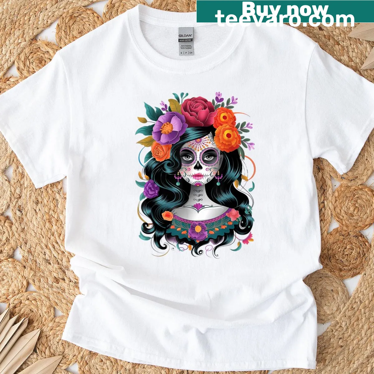 Sugar skull t-shirt featuring La Catrina design — on a men's t-shirt