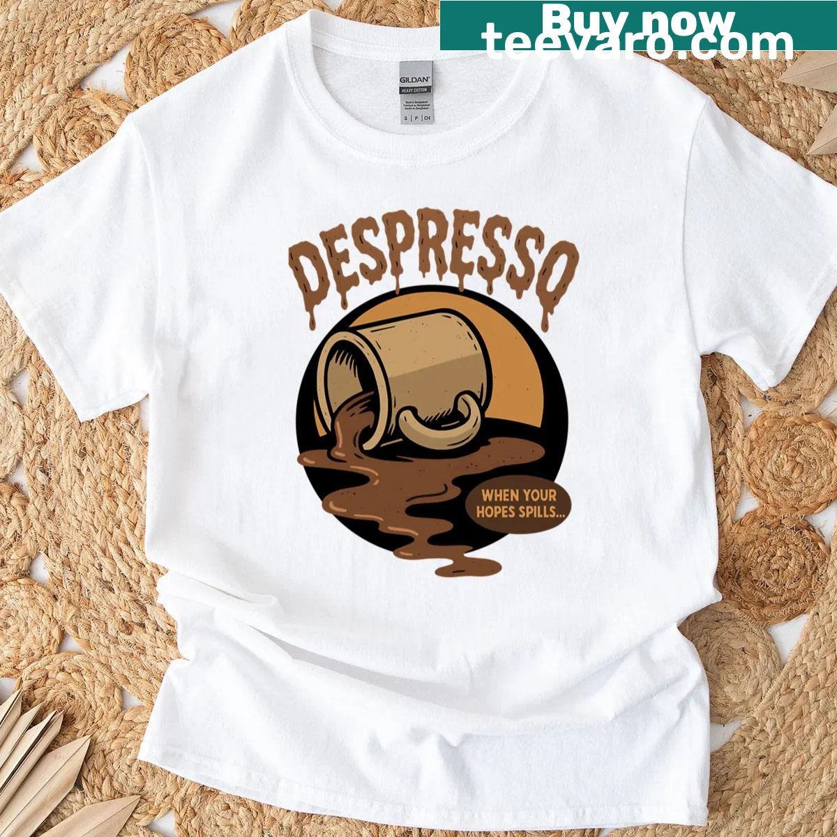 Humorous typography t-shirt with coffee-related graphics — on a men's t-shirt