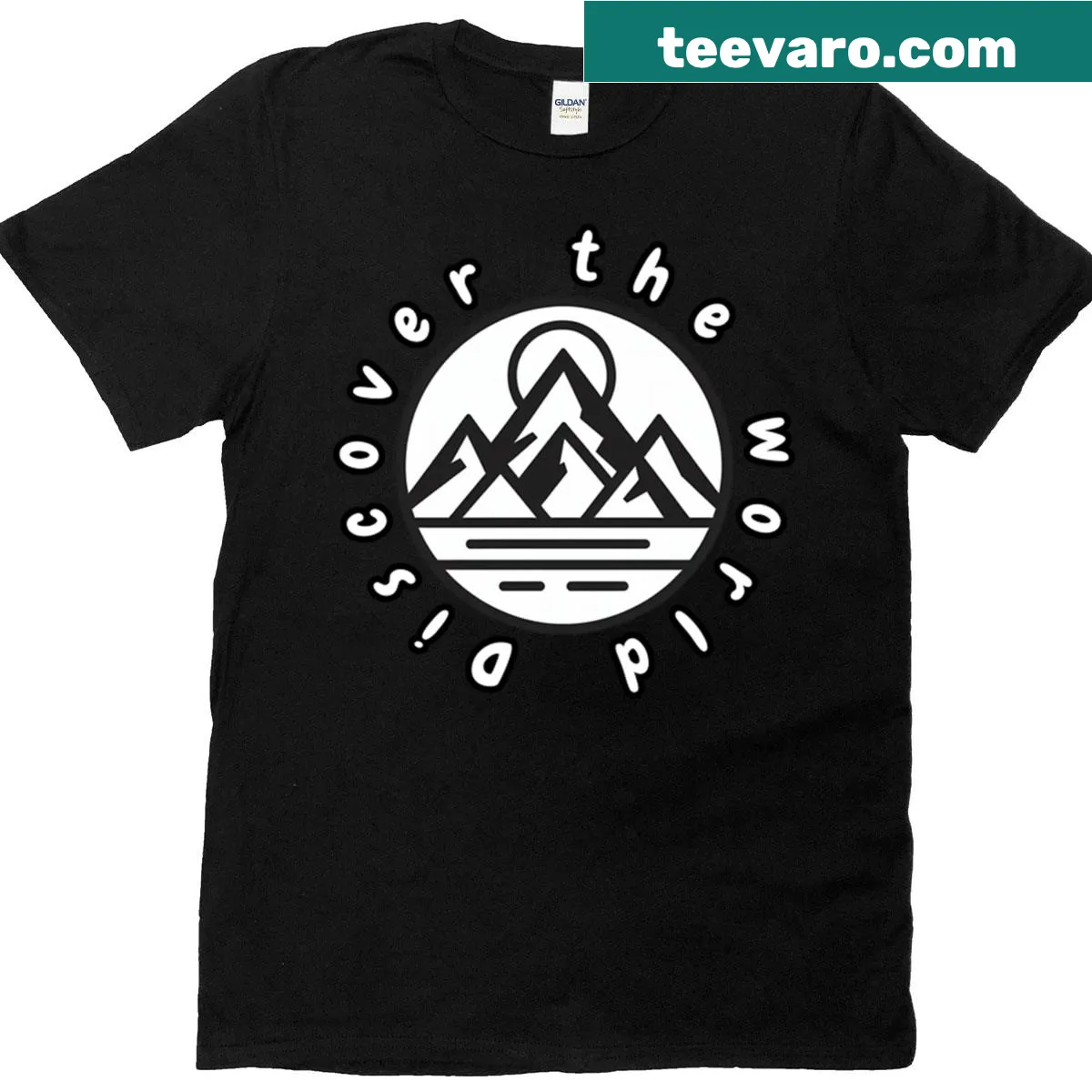 Inspirational typography design saying 'Discover The World' on a t-shirt — on a men's t-shirt