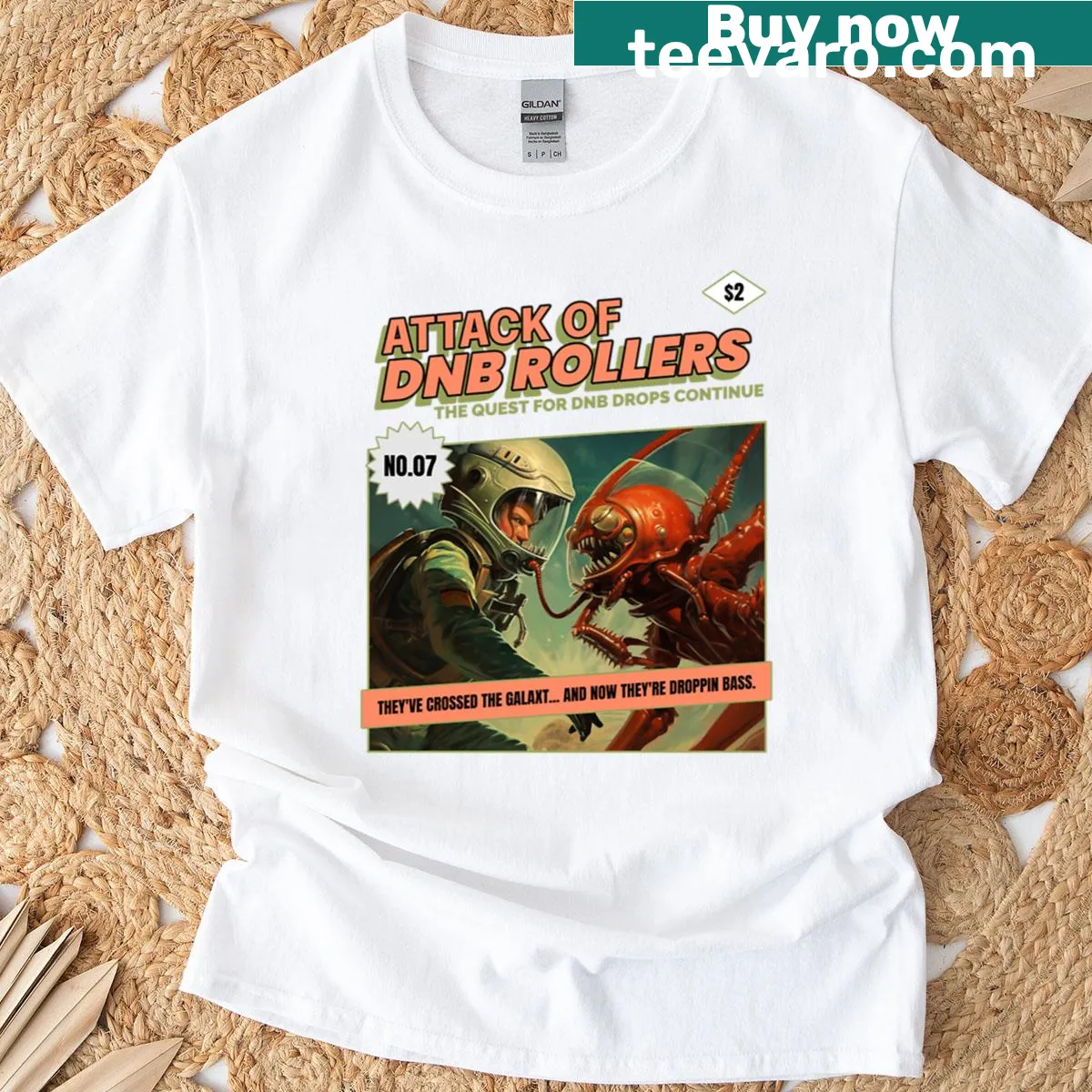 Cartoon monsters on roller skates in a sci-fi setting on a T-shirt — on a men's t-shirt