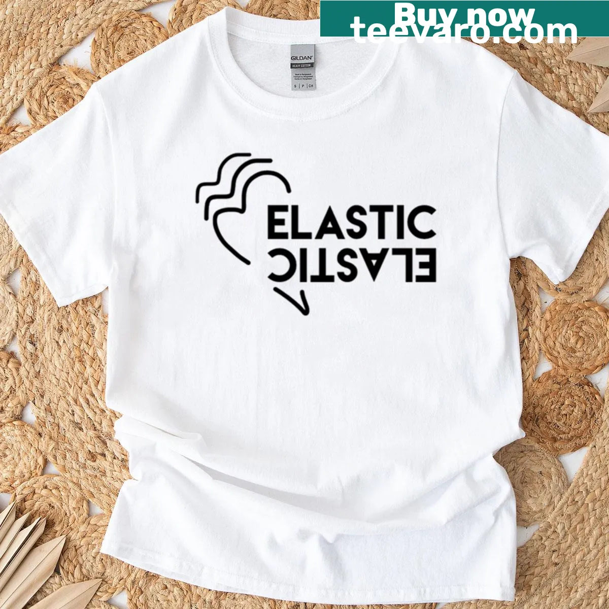 Playful design featuring 'Elastic Heart' slogan on an oversized T-shirt — on a men's t-shirt