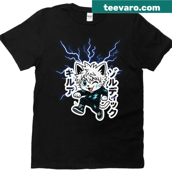 Edgy T-shirt featuring an illustration of an electric cat assassin