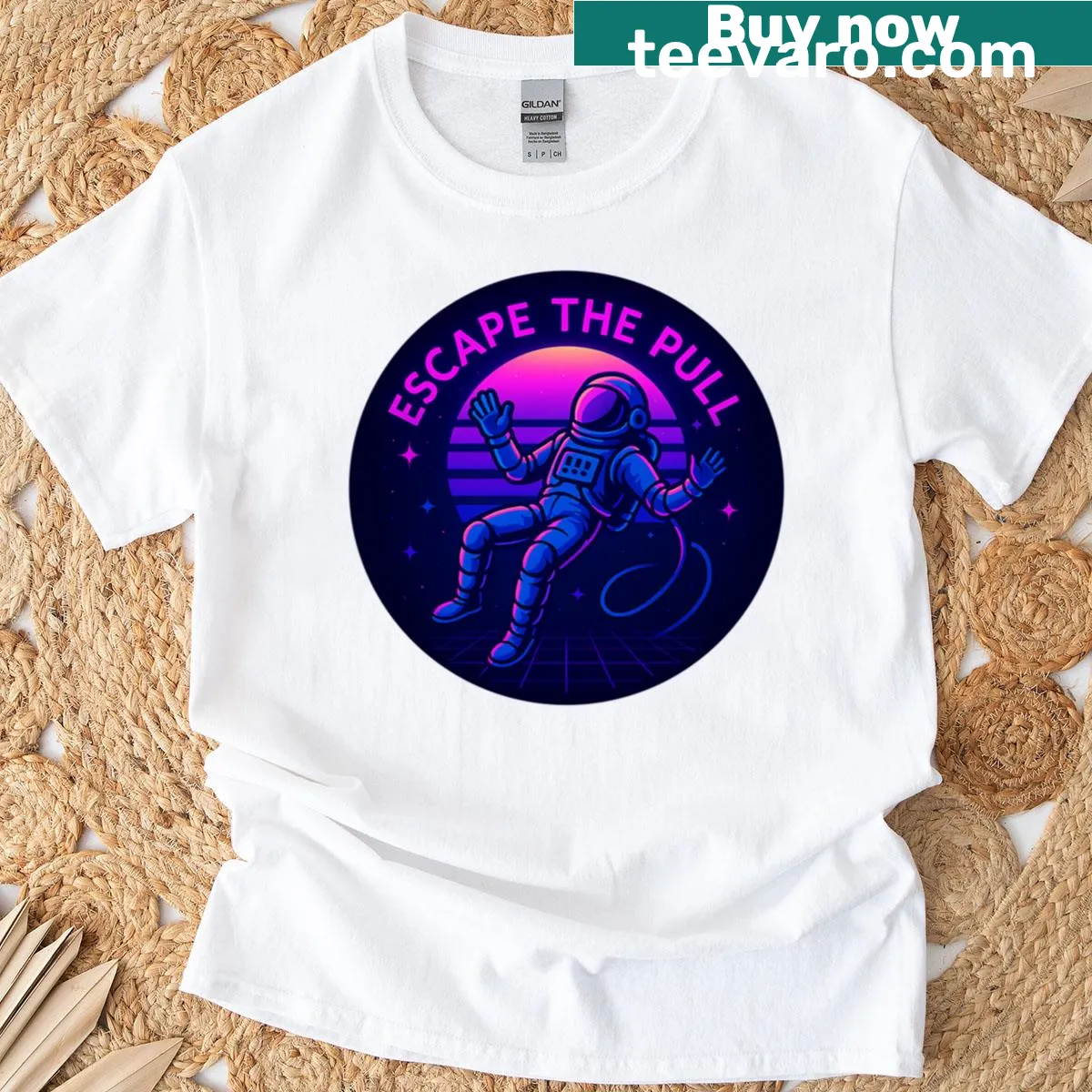 Minimalist typography T-shirt featuring the phrase 'Escape The Pull' with an astronaut theme — on a men's t-shirt