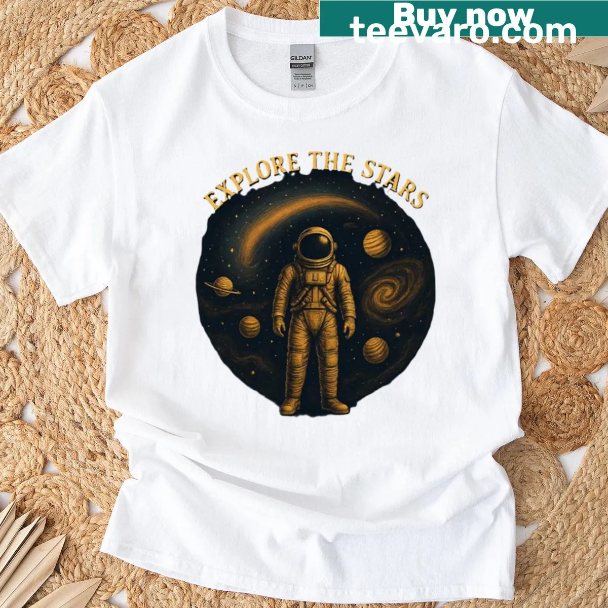 Illustration of stars and cosmic elements encouraging exploration. — on a men's t-shirt
