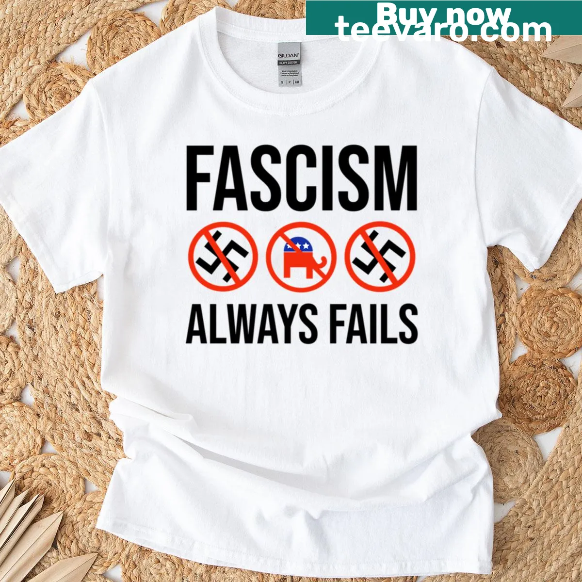 T-shirt with bold text 'Fascism Always Fails' in striking typography — on a men's t-shirt