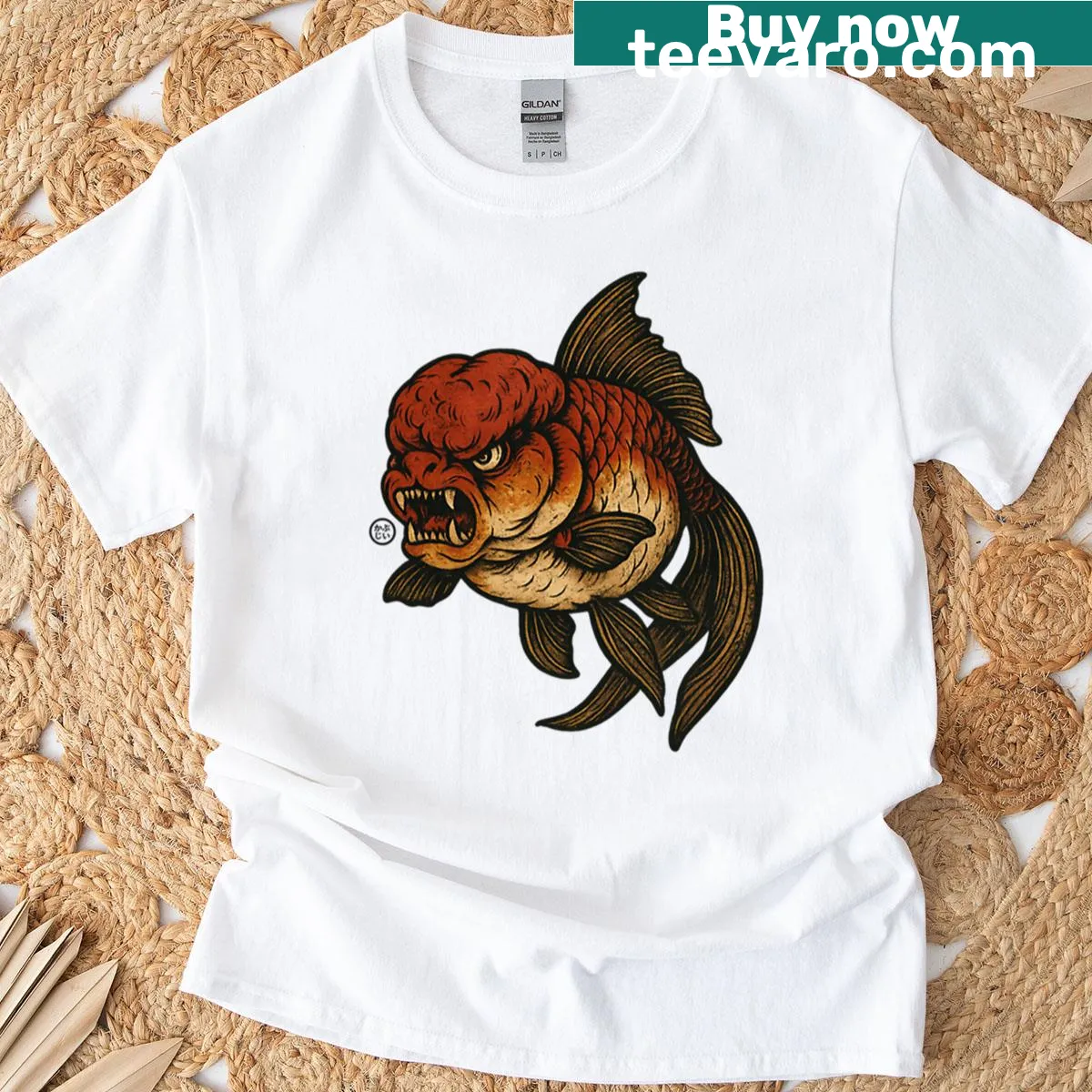 Vintage-style illustration of a fearless goldfish yokai on a T-shirt — on a men's t-shirt