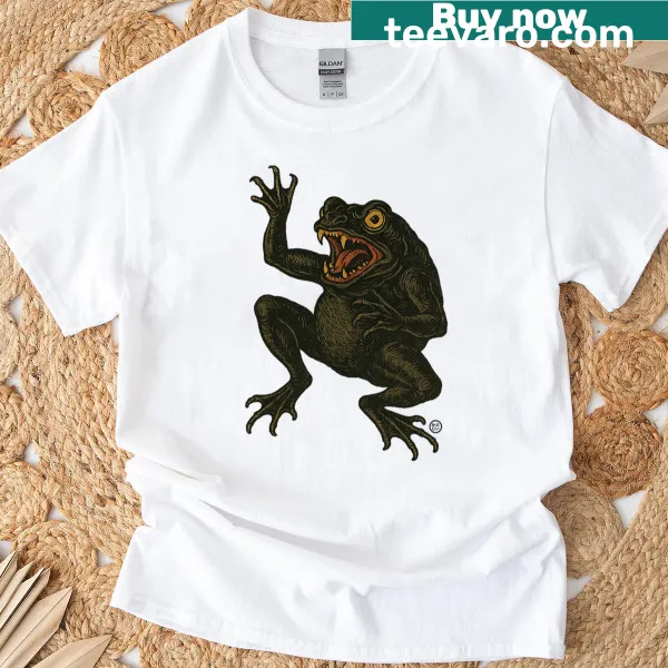 Vintage-style illustration of a fearless black frog inspired by Japanese yokai art.