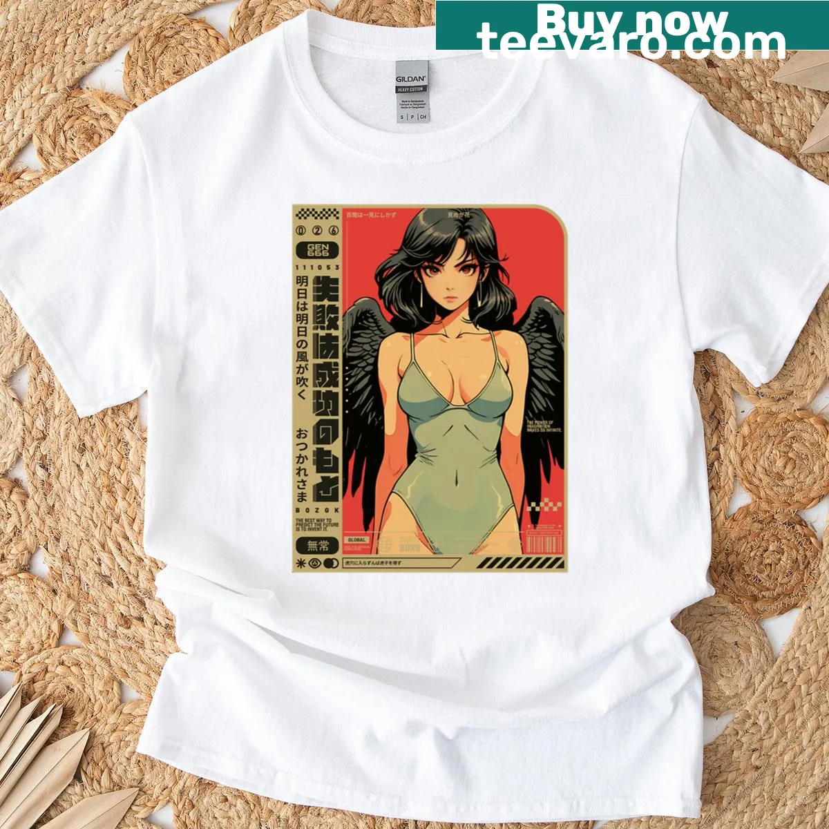 Illustration of a female angel with black hair, symbolizing grace. — on a men's t-shirt