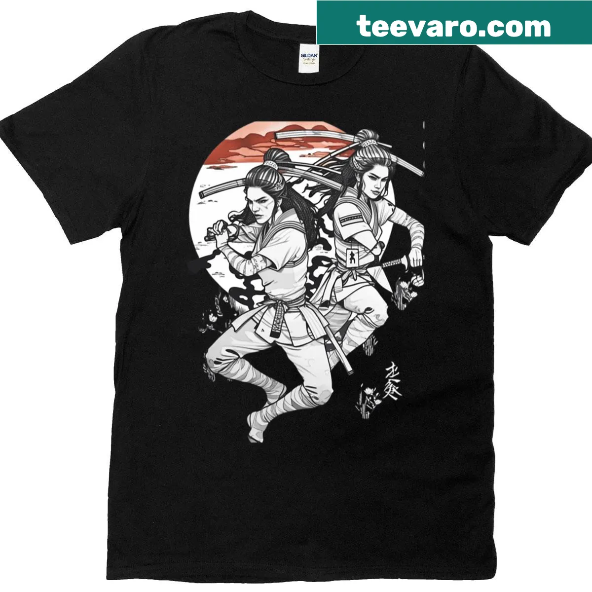 Action-packed graphic of a female samurai in mid-air — on a men's t-shirt