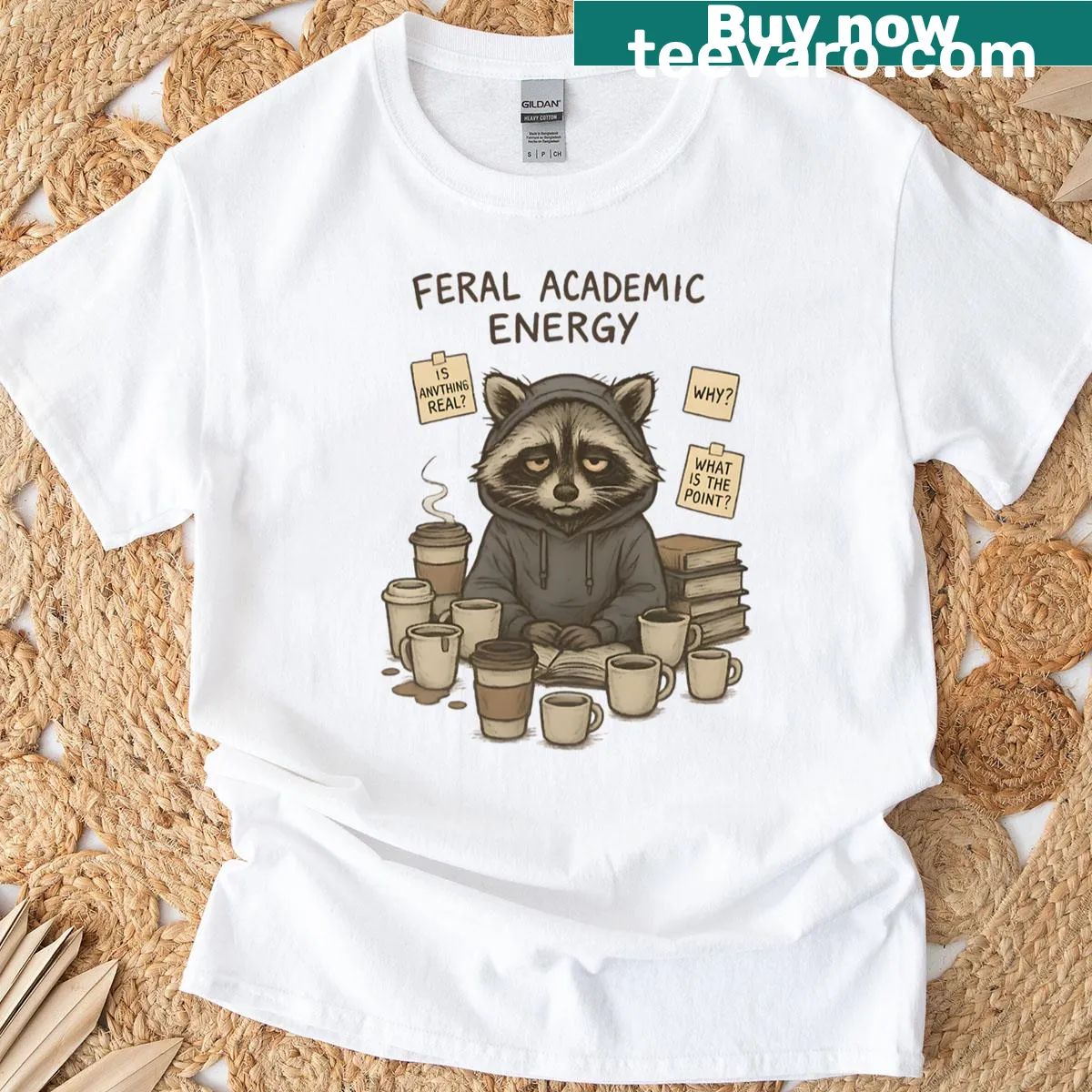 Illustration of a sleepy raccoon surrounded by books on a T-shirt — on a men's t-shirt