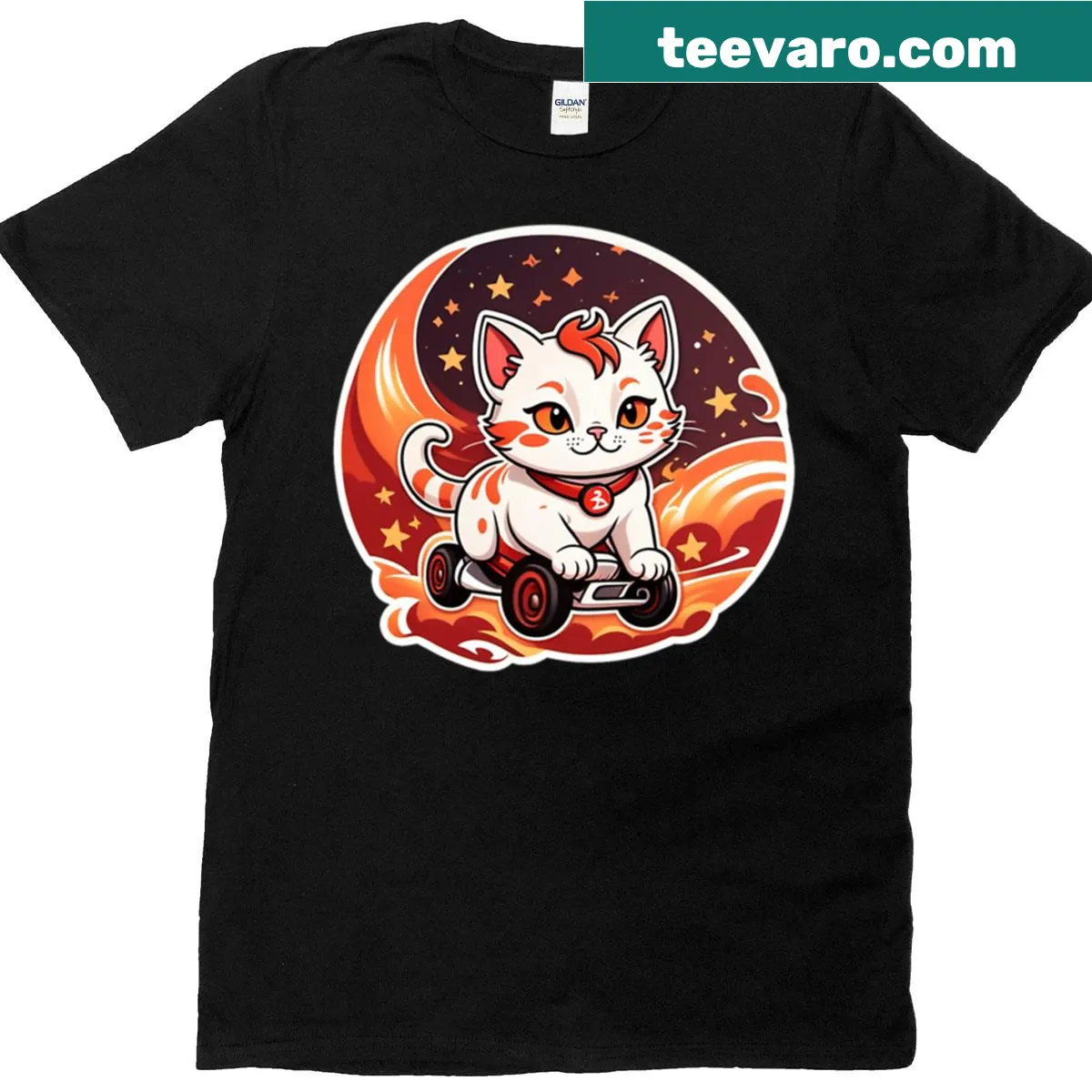 Illustration of a skateboarding cat on a T-shirt for cat lovers — on a men's t-shirt