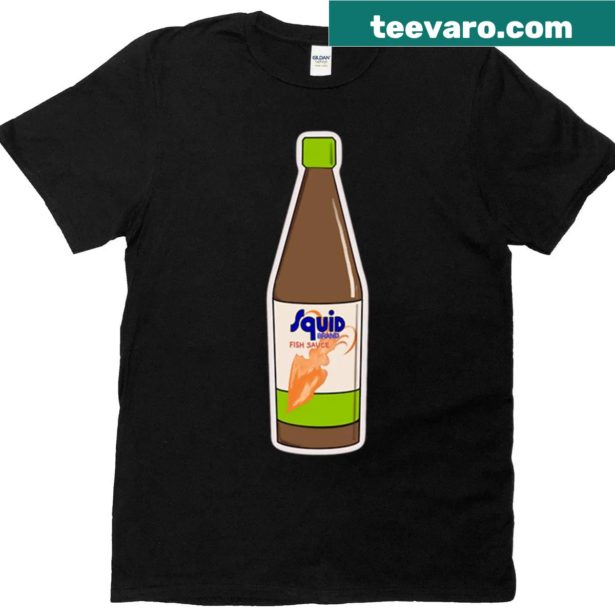 Illustrated squid with fish sauce design on T-shirt — on a men's t-shirt