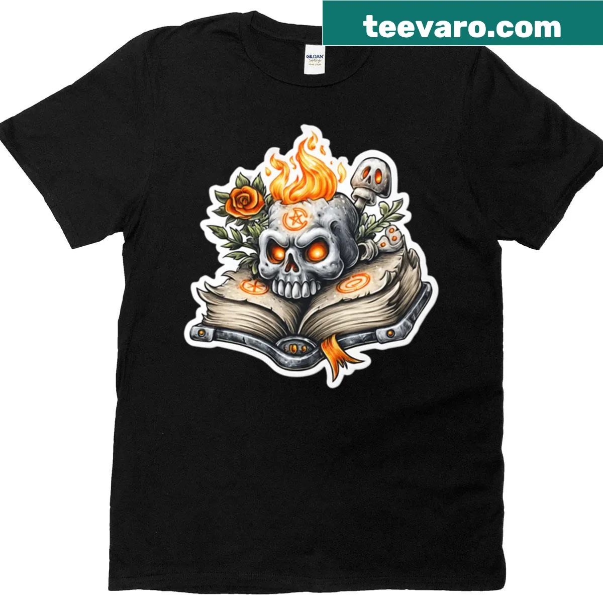 Oversized t-shirt with flaming skull on spell book design — on a men's t-shirt