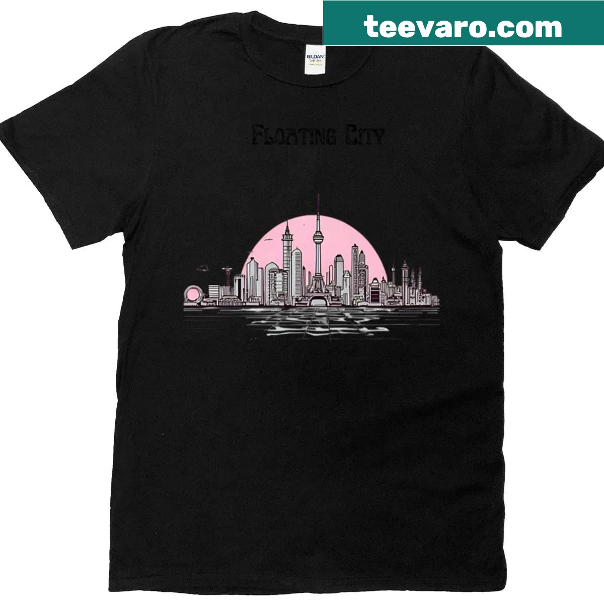 Oversized t-shirt with minimalist line art of a floating city — on a men's t-shirt