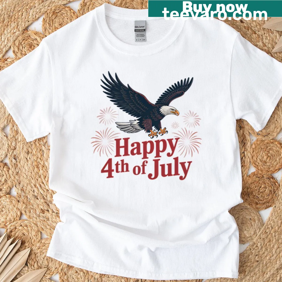 Patriotic t-shirt featuring an eagle and fireworks for July 4th — on a men's t-shirt