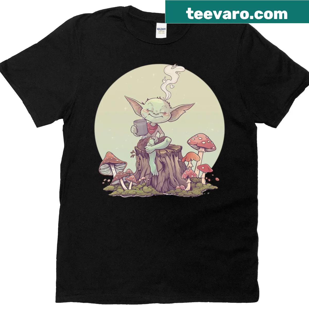 Illustrated t-shirt featuring forest goblins with coffee — on a men's t-shirt
