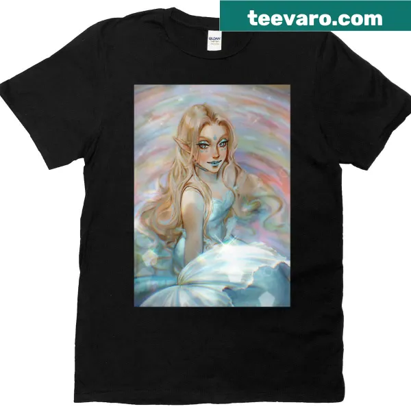 Whimsical Fountain Faerie T-shirt with delicate fairy illustration above a fountain
