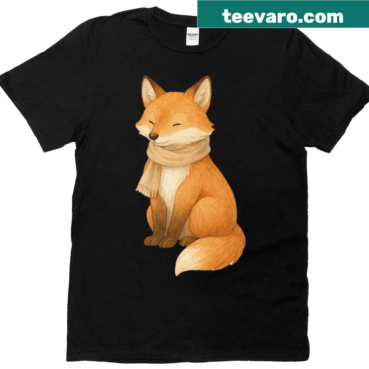 Watercolor t-shirt featuring a cozy fox with scarf — on a men's t-shirt