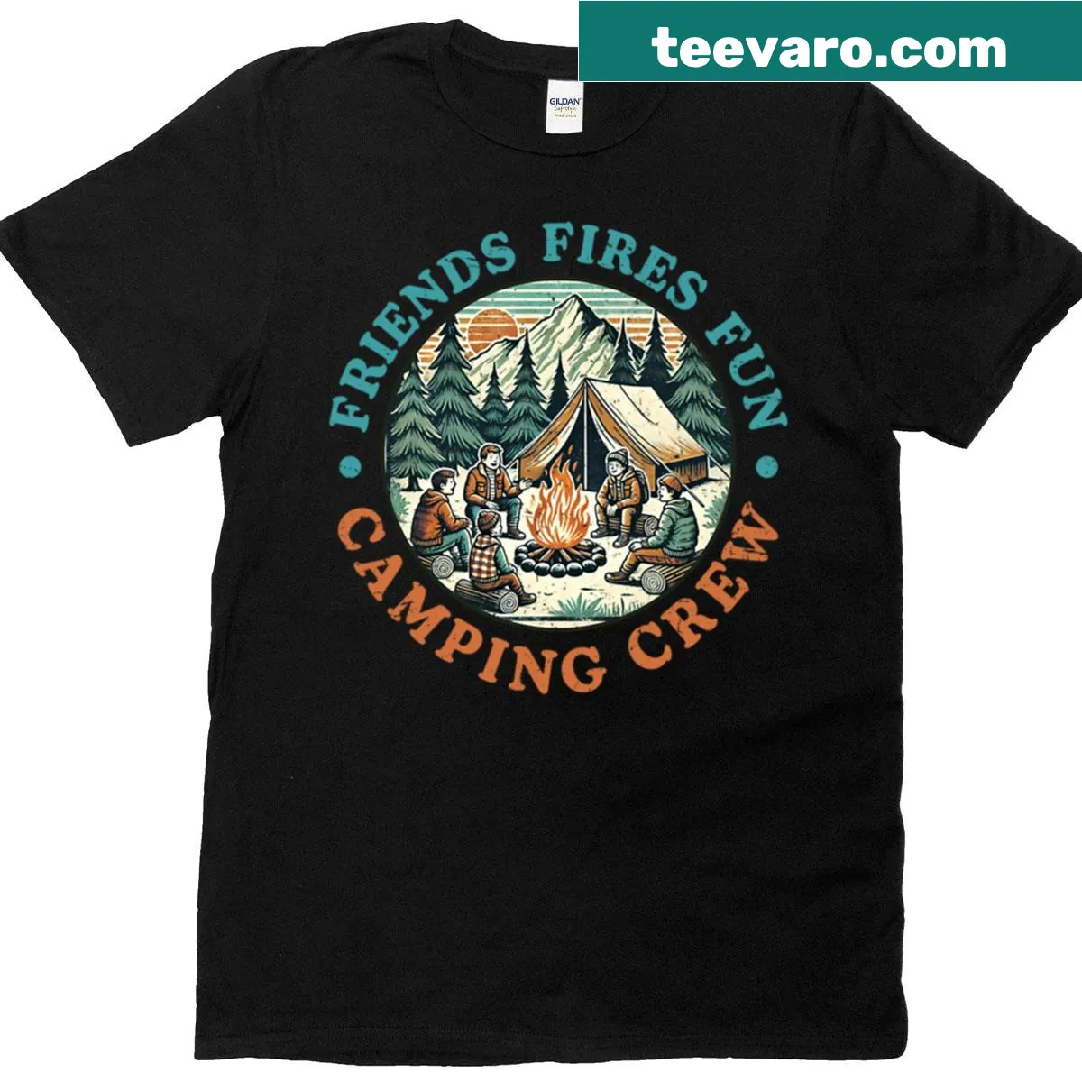 Camping crew sign graphic on a T-shirt with fire pit theme — on a men's t-shirt