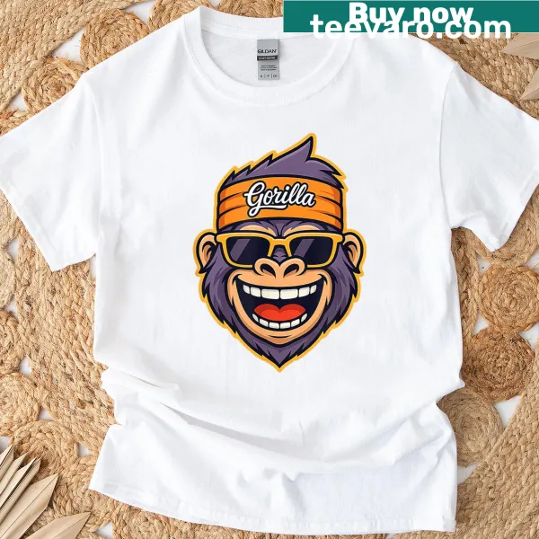 Cartoon gorilla lifting weights in a funky style on a modern t-shirt