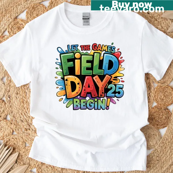Bold text design saying 'Let the Game Begin!' on a teacher's t-shirt