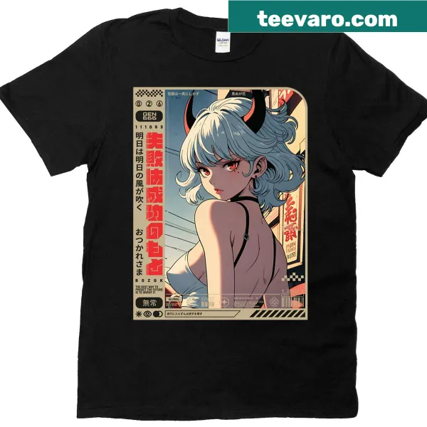 Whimsical illustration of a girl with horns on a t-shirt