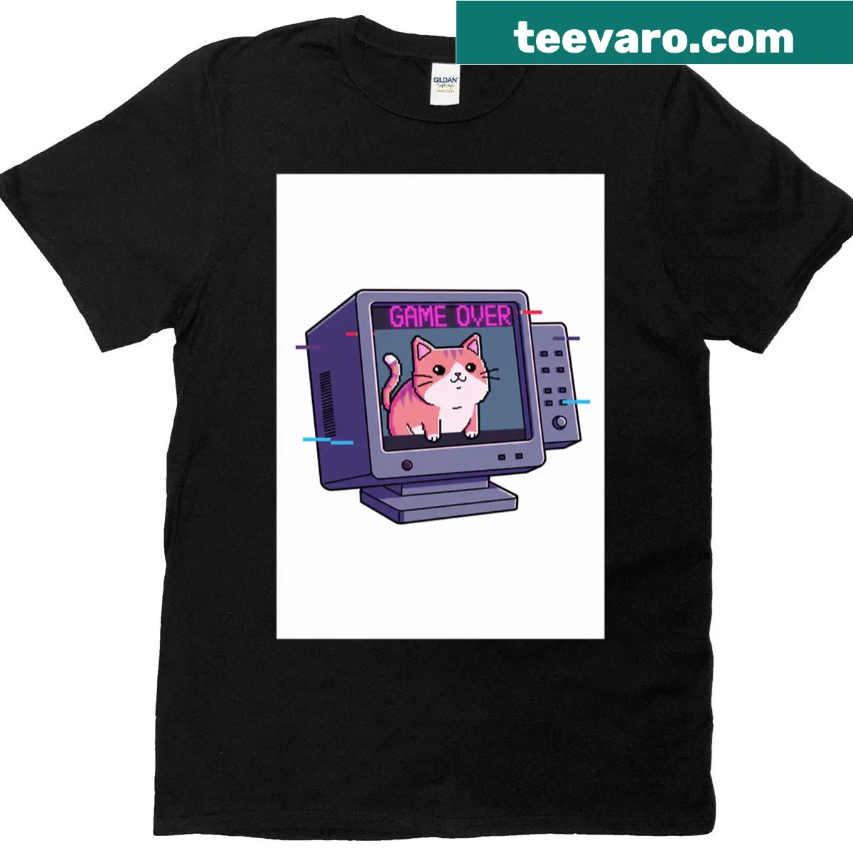 Illustration of a glitch cat in a CRT screen on a T-shirt — on a men's t-shirt