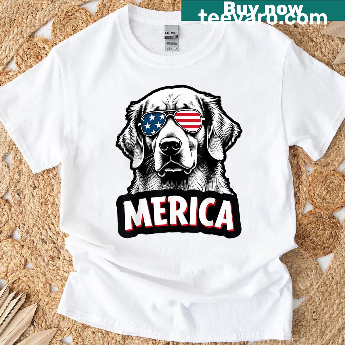Funny patriotic t-shirt with a golden retriever for July 4th — on a men's t-shirt