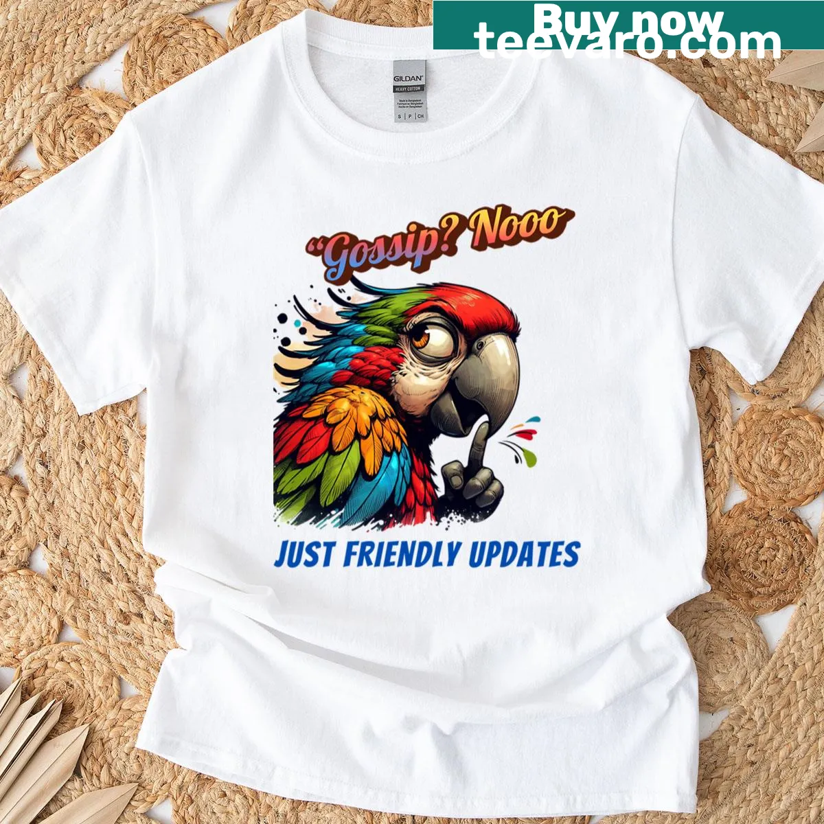 Humorous parrot graphic tee with a funny saying about updates — on a men's t-shirt