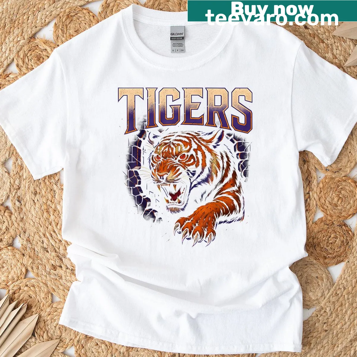 Graphic t-shirt with tiger design and last name for family pride — on a men's t-shirt