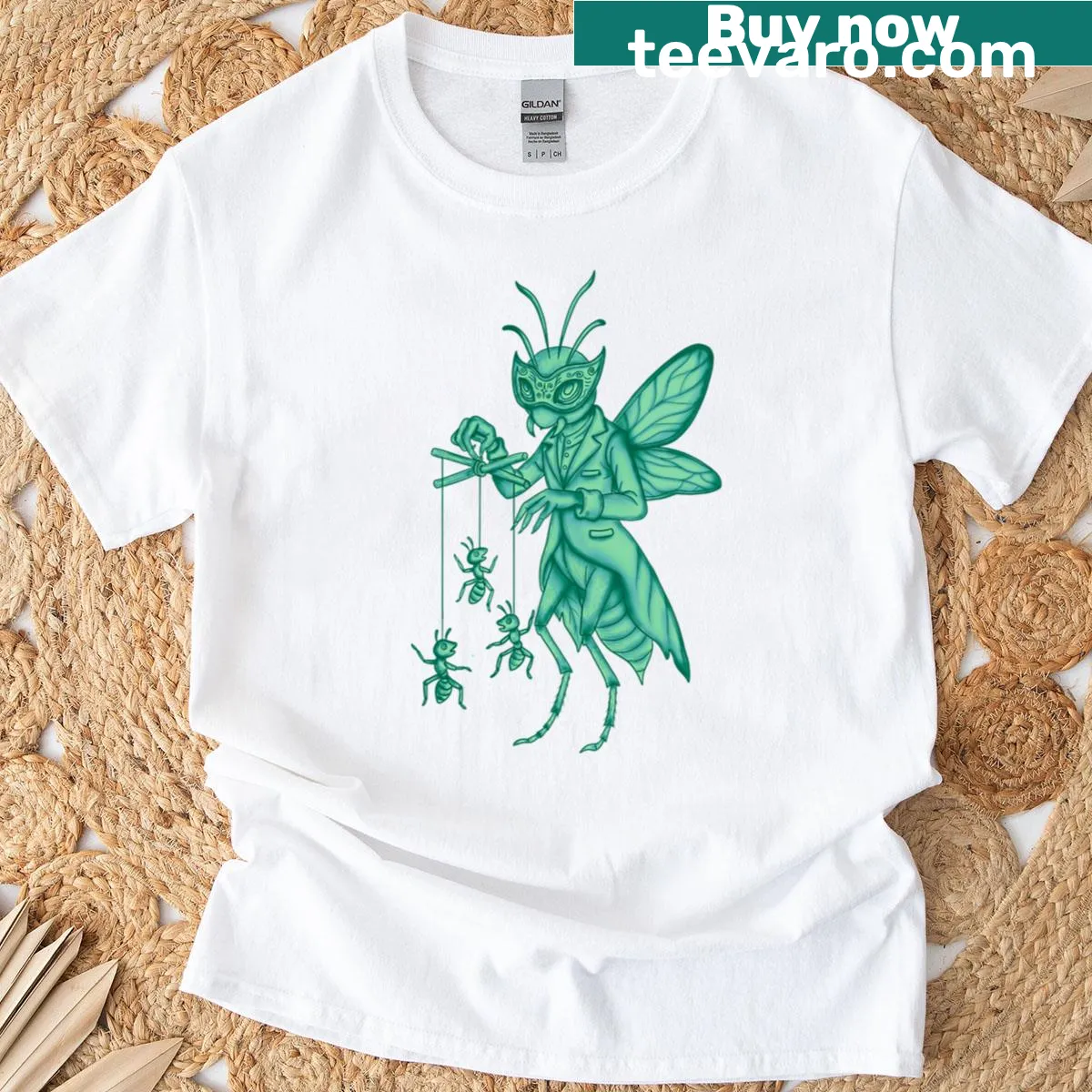 Cartoon design of a green circus wasp as a puppeteer on a t-shirt — on a men's t-shirt