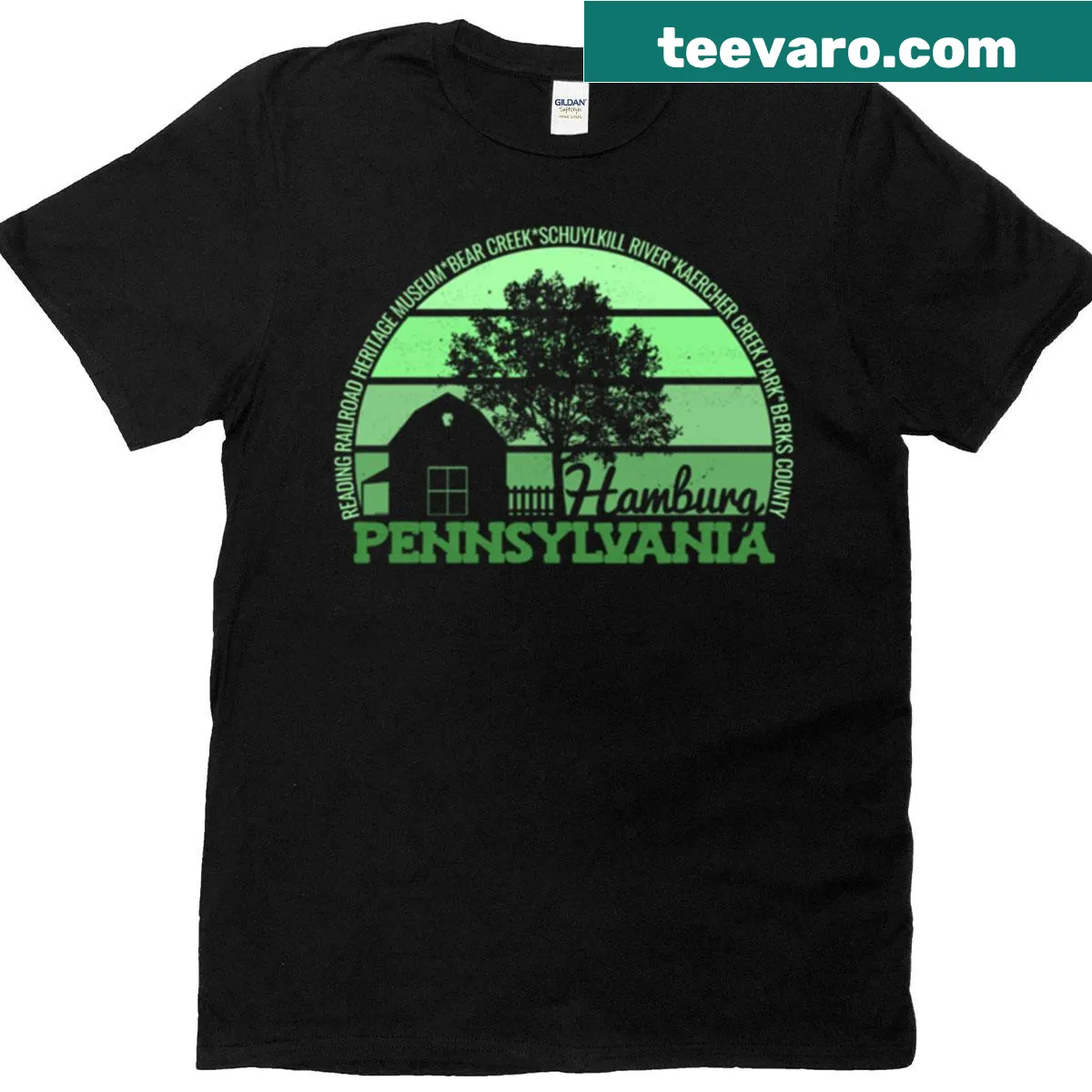 Distressed vintage logo T-shirt featuring Hamburg Pennsylvania sunset — on a men's t-shirt
