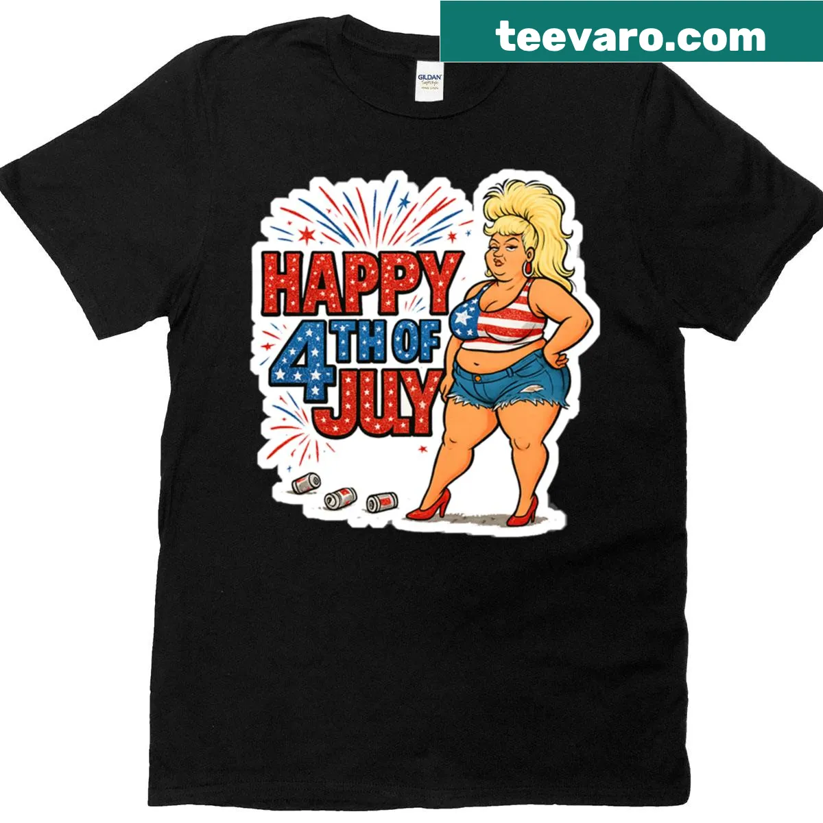 Sassy 4th of July t-shirt with a patriotic babe sticker design — on a men's t-shirt