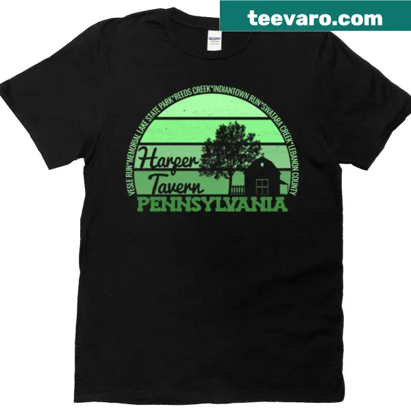 Vintage logo t-shirt featuring Harper Tavern and a sunset
