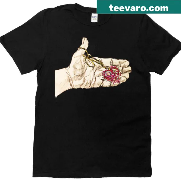 Illustration of a hand holding a heart on T-shirt