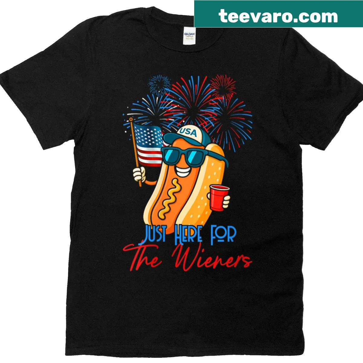 Illustrated hotdog character celebrating with fireworks t-shirt — on a men's t-shirt