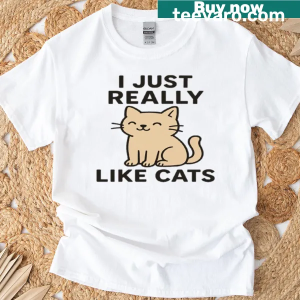 Minimalistic T-shirt with a cute cat design and text 'I Just Really Like Cats'