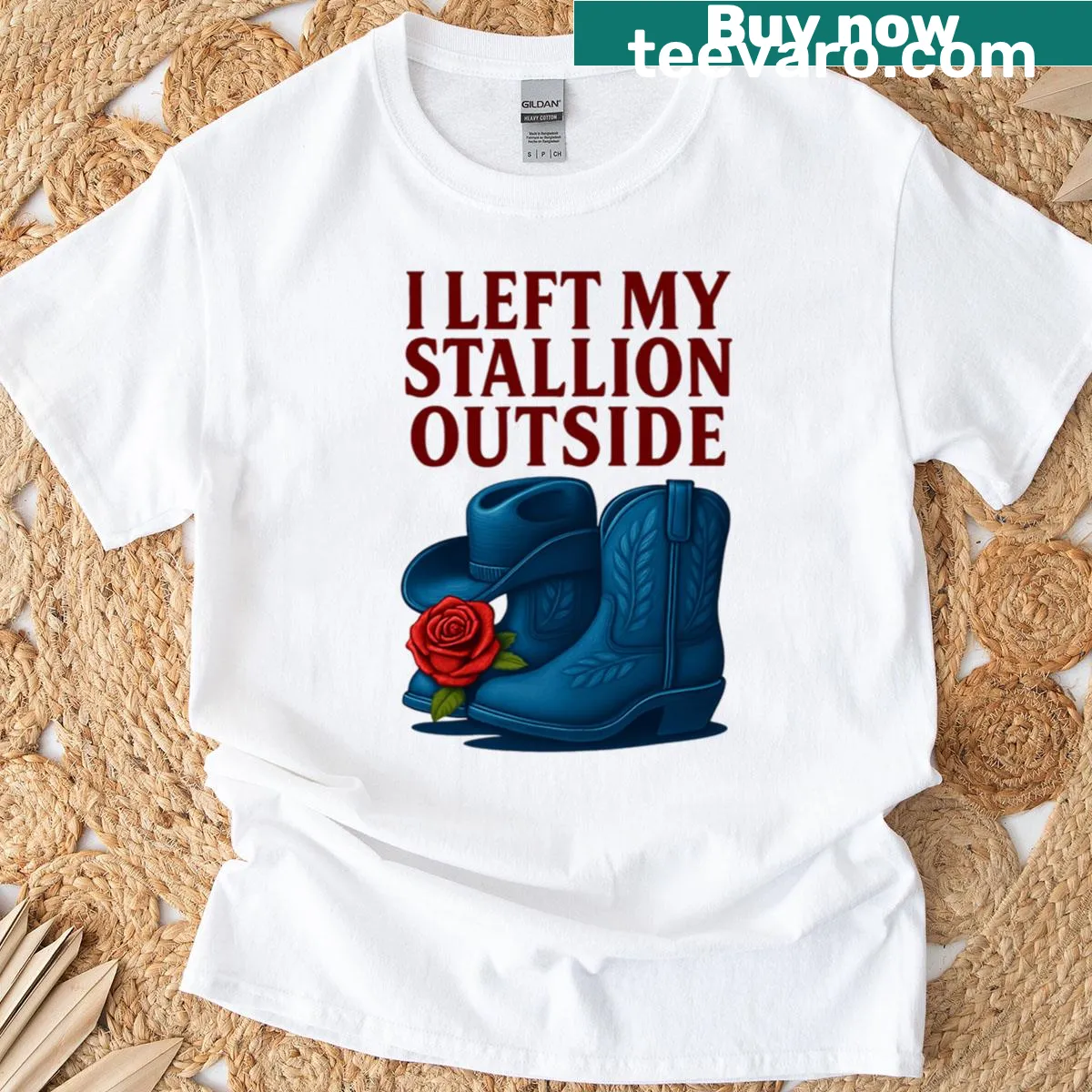 Humorous T-shirt with text 'I Left My Stallion Outside' and cowgirl-themed graphics — on a men's t-shirt