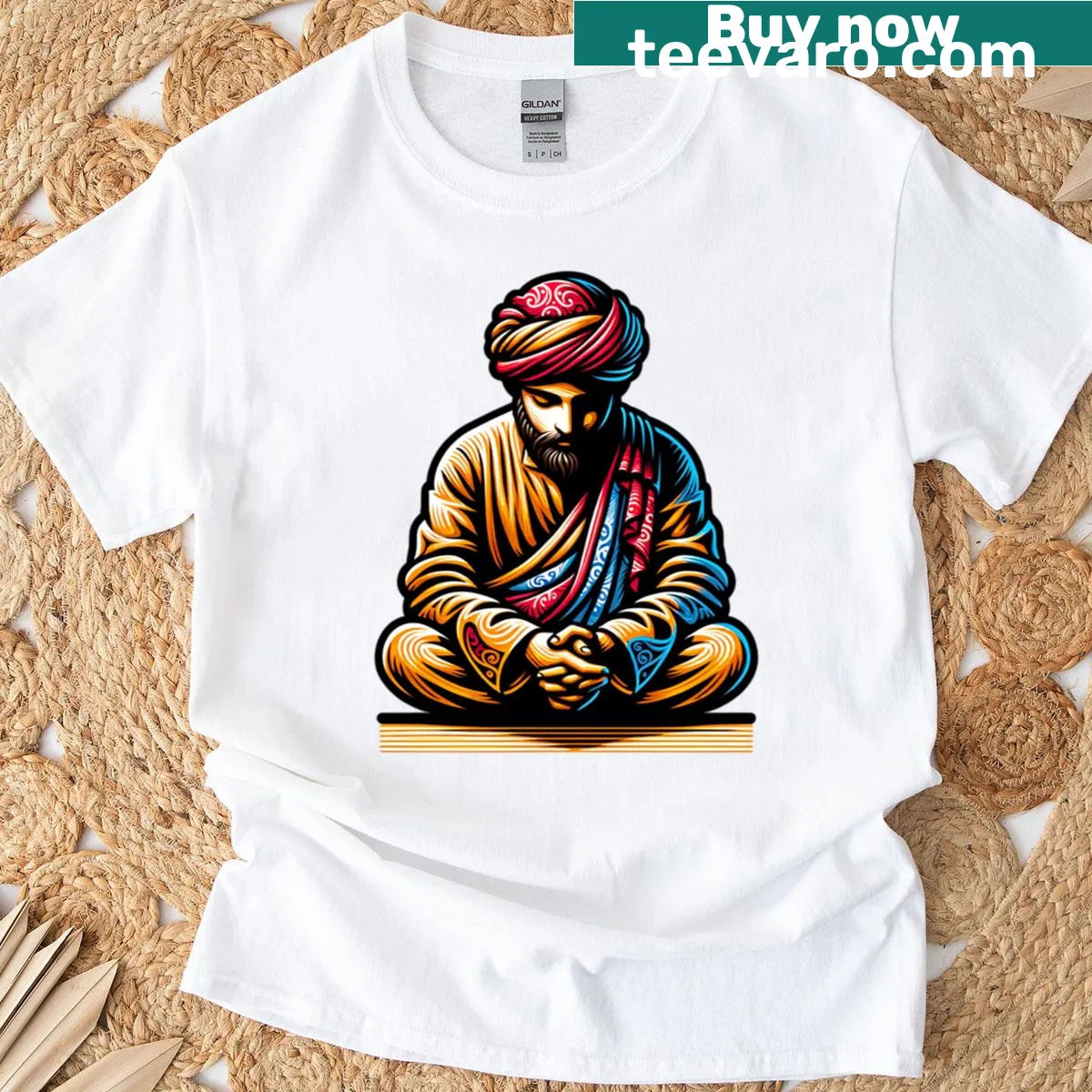 Serene meditation-themed t-shirt with an artistic design promoting inner peace — on a men's t-shirt