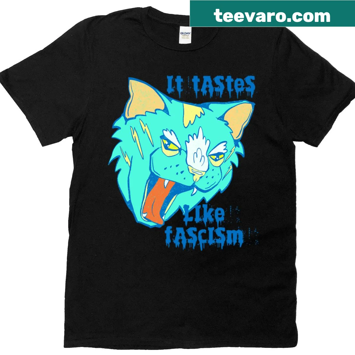 Provocative cat art T-shirt with the phrase 'It Tastes Like Fascism' — on a men's t-shirt